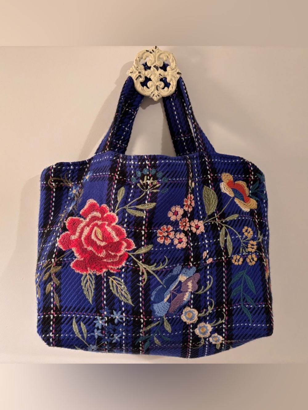 Johnny Was Mila Blue Plaid Embroidered Tote Bag - Picture 2 of 15